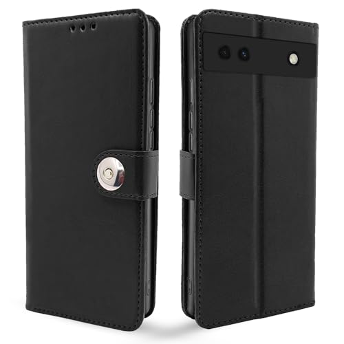 Image of Pikkme Google Pixel 6a Flip Cover Leather Finish | Inside TPU with Card Pockets | Wallet Stand and Shock Proof | Complete Protection Button Flip Case (Black)
