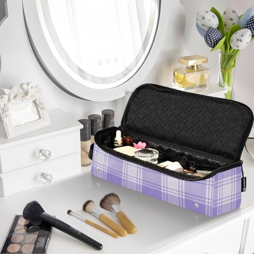 Bolsa de viaje para herramientas de cabello con tapete resistente al calor desmontable, doble capa, para planchas y rizadores, motivo de cuadros lavanda y marfil miniatura 7