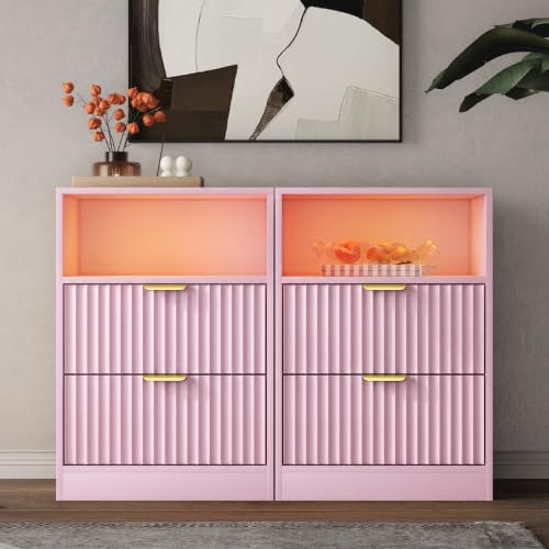 Image of Wodeer LED Nightstand with Charging Station, Fluted Nightstand Set of 2, Wood Nightstands with 2 Drawers & Metal Handles, Modern Bedside Table & End Tables, Farmhouse Night Stands for Bedroom, Pink