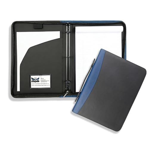 Zippered Padfolio Portfolio with Detachable 3-Ring Binder, PU Leather A4 Document Folder Organizer, Professional Resume Interview Portfolio Planner for Business Men Women Office Travel，Blue