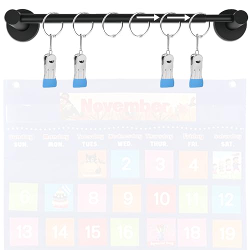 Rukinovi Heavy Duty Magnetic Holder Anchor Chart Organizer Adjustable Calendar Display for Teachers Stainless Steel Black 14-30 Rod with 6 Rings & 4 Clips for Classroom Home Kitchen (Black)