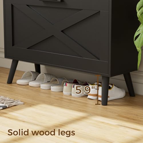 Image of Homleke Farmhouse Shoe Storage Cabinet with Flip Drawers & Barn Door Design | Slim Narrow Shoe Rack Cabinet with Adjustable Shelves & Hidden Storage for Entryway, Foyer, Hallway, Living Room, Black