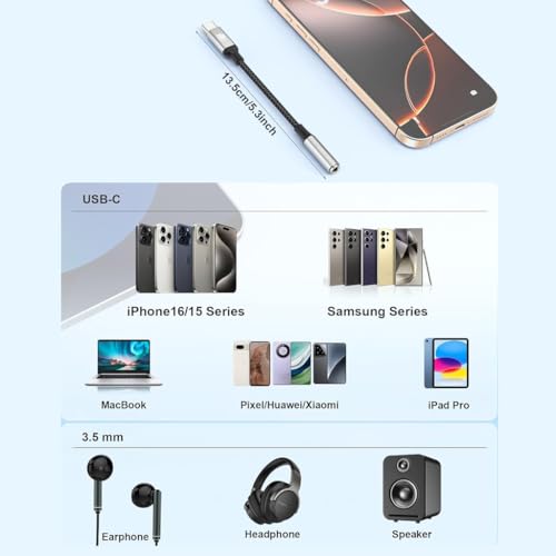 Image of Q3 Type C to 3.5 mm Audio Jack Connector with DAC Headphone Converter Adapter Compatible with iPhone 16 /15 Pro Max /15 Pro /15 Plus, Galaxy S24 / S23 /S22 /S21 /S208 & Other Type C Phones