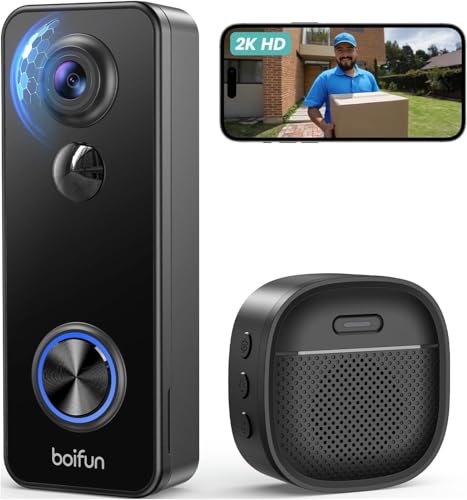 BOIFUN 2K Sonnette sans Fil avec Camera Exterieur Étanche, Vision Grand Angle 180°, IP65 Étanche, Détection IA Avancée, Installation Facile, Vision Nocturne, Stockage Carte SD, WiFi 2,4 GHz Uniquement