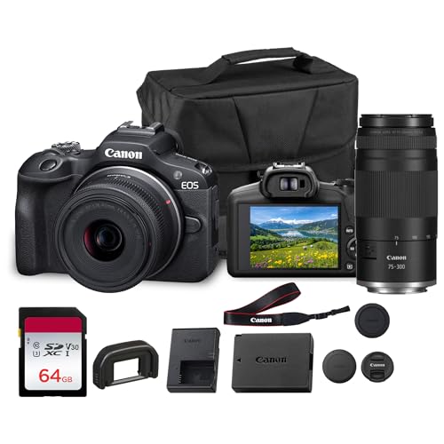 Canon EOS R100 Mirrorless Camera Double Lens Kit with RF-S 18-45mm and RF 75-300mm Lenses | Compact 24.2MP APS-C Camera with 4K Video, Dual Pixel Autofocus with Bag and 64GB Card