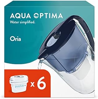 Aqua Optima Oria Water Filter Jug & 6 x 30 Day Evolve+ Filter Cartridge, 2.8 Litre Capacity, for Reduction of Microplastics, Chlorine, Limescale and Impurities, Blue