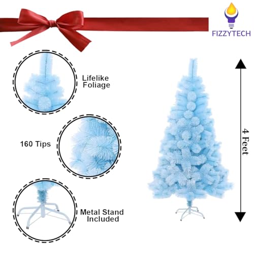 Image of fizzytech 4 Feet Blue Pine Artificial Christmas Tree with 160 Tips | Premium Decorative Look | Pine Needle Material | Metal Stand | Easy 3-Step Assembly | Perfect for Christmas Home Decoration