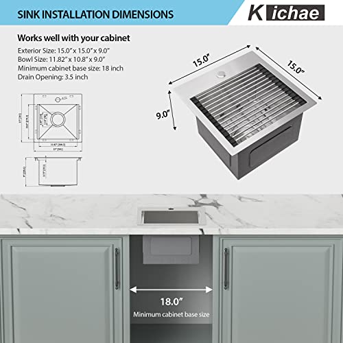 Image of Kichae Drop In Bar Sink- 15 x 15 Small RV Sink Topmount 16 Gauge Stainless Steel Single Bowl Ledge Workstation Wet Bar Prep Kitchen Sinks Patio Handmade Basin with Cutting Board & Rack