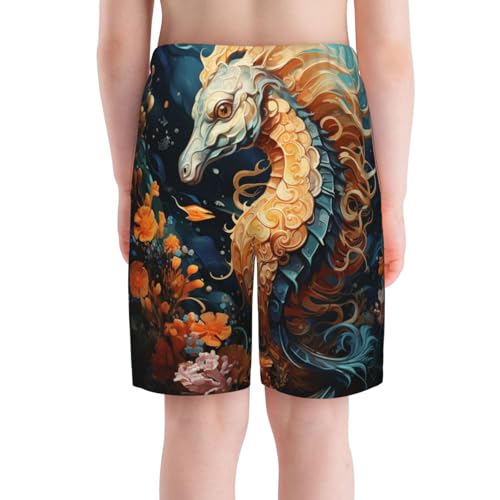 Boys Beach Board Shorts Swim Trunks Teen Kids Quick Dry Bathing Suits, Sea Horse Hippocampus Seahorse Art4