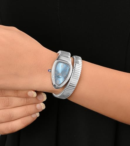 Image of French Connection Eternelle Curve | Sky Blue Dial with Silver Case | Flexible Wrap Bracelet Strap | Crystal Accent Design | Roman Numerals Analog Watch for Women - FCN0142USM