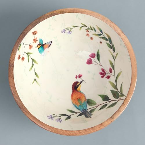 Image of SAAGA Printed Mango Wood Bowl - 10x4 Inch Handcrafted Round Serving Bowl with Food-Grade Finish for Noodles, Soups, Curries & Snacks - Celosia