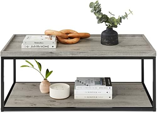 Best Choice Products 44in 2-Tier Rectangular Tray Top Coffee Table, Recessed Accent Furniture for Home w/Metal Frame, Shelf - Gray