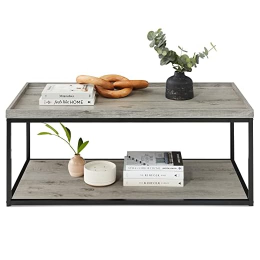 Best Choice Products 44in 2-Tier Rectangular Tray Top Coffee Table, Recessed Accent Furniture for Home w/Metal Frame, Shelf - Gray