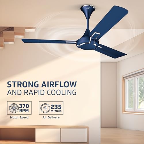 Image of V-Guard Exado Pro BS High Speed Ceiling Fan For Home | BEE 1 Star Rating | 370 RPM | Dust Repellent Technology | Easy to Clean | Riband Blue Matte |1200 mm