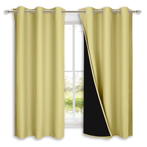 Image of NICETOWN 100% Blackout Curtains with Black Liners, Solid Thermal Insulated Full Blackout 2-Layer Lined Drapes, Energy Efficiency Window Draperies for Bedroom (2 Panels, 42 inch W by 63 inch L, Paler Yellow)