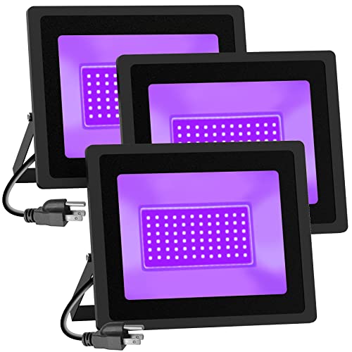 Image of Black Lights 3 Pack 100W IP66 Waterproof Black Flood Light with Plug (6ft Cable) for Blacklight Party, Stage Lighting, Fluorescent Poster and Neon Glow in The Dark Night