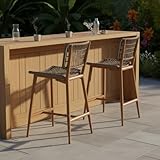 PURPLE LEAF Patio Counter Height Bar Stools Set of 2 Metal Bar Chairs with Back Wicker Woven Stools for Kitchen Island Pool Garden Outdoor Barstools Teak