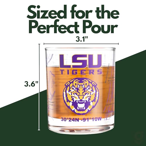Image of Greenline Goods LSU Louisiana State University Tigers Whiskey Glasses Set of 2, 10 oz Rocks Glasses with Full-Color Logo & Campus Map - Officially Licensed Bourbon Glass Gift for Alumni & Fans