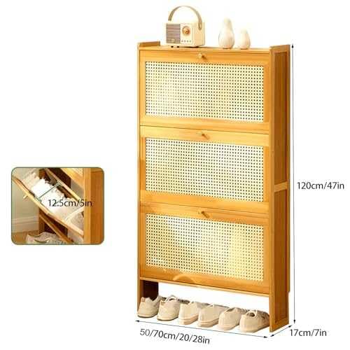 Smukła szafka na buty z rattanu z uchylnym pojemnikiem, organizer do przedpokoju i salonu z 3 szufladami, oddychający design z bambusa, 50 x 17 x 120 cm