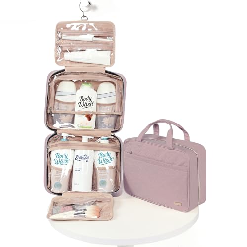 Image of NISHEL Travel Toiletry Bag for women, Portable Hanging Organizer for Family-Sized Shampoo, Conditioner, Brushes Set, Makeup Accessories, Extra Large Size, Peach Pink