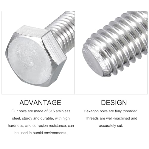 Image of METALLIXITY Hex Head Screw Bolt (M8-1.25x90mm) 5Pcs, 316 Stainless Steel, Fully Threaded, External Hex Drive, Bright Finish - for Repair, Silver
