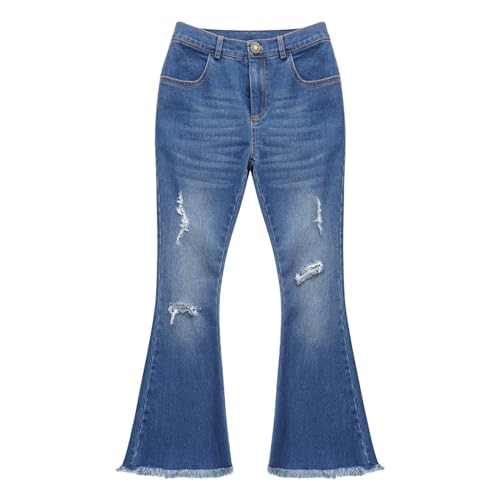 Kids Girls Stylish Flared Jeans Elastic Waist Bell Bottoms Casual Denim Pants Zip Closure Vintage Distressed Trousers2