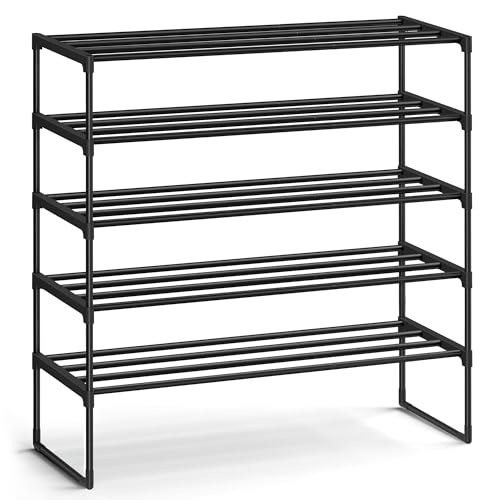 SONGMICS Shoe Rack, 5-Tier Shoe Organizer, Metal Storage Shelf, Upright or Upside Down, for 20-25 Pairs, Stackable, for Entryway, 11.8 x 36.2 x 35.4 Inches, Black ULSA305BH01 Black 5 Tiers (