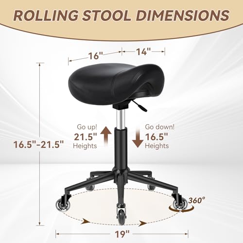 Image of Saddle Stool Heavy Duty 400lbs - Ergonomic Thick Saddle Seat Cushion, Easy Height Adjustable, Healthy Posture No Pain, Smooth Rolling No Creaky Noises, Rolling Saddle Stool Chair with Wheels (Black1)