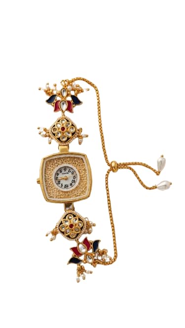 INAAYAT Luxurious Gold Tone Traditional Bracelet Watch with Intricate Floral Motifs Multicolor Enamel Detailing Crystal Embellished Dial Pearl Accents and Adjustable Chain Strap for Women-image-7