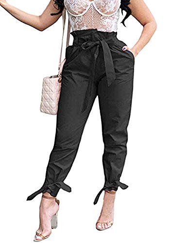Yissang Women's Casual Loose Paper Bag Waist Long Pants Trousers with Bow Tie Belt Pockets Black X-Large