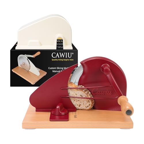 Image of CAWIU Upgraded Manual Bread Slicer for Homemade Sourdough Round with Cover | Adjustable Thickness Sourdough Bread Slicer, Bread Cutter with Hand Crank, Slicing Guide, Scale Line for Even Slices, Red