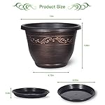 Plastic-Plant-Flower-Planters-10 Inch with Drainage Hole & Saucer, 3 Packs Lightweight Small Resin Flower Pot Indoor Outdoor, Retro Antique Imitation Decorative Garden Containers Sets for Houseplants - Image 2