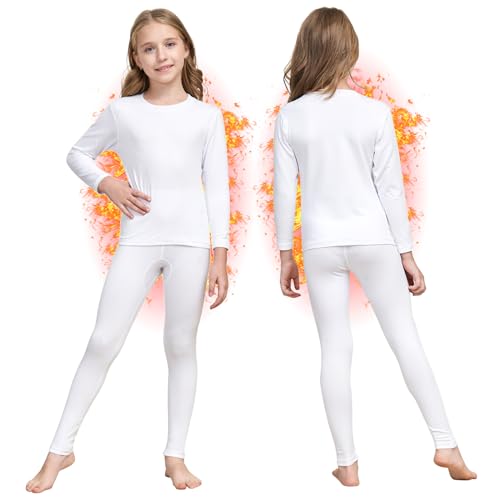 Girls Thermal Underwear Set Ultra Soft Fleece Lined Kids Long Johns Top Bottom Thermals Kids Base Layer Winter Warm, White, Medium
