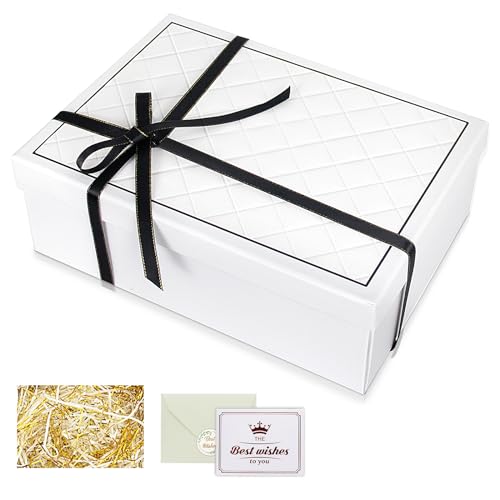 White Gift Box Set, Gift Box with Ribbon Bowknot, Empty Gift Boxes, with Raffia, Envelope Greeting Cards, Gift Box with Lid for Birthdays, Valentine's Day, Christmas, Weddings, Anniversaries