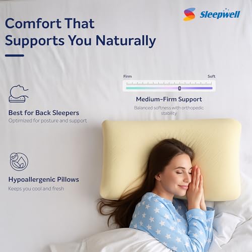 Image of Sleepwell Restora Pro Latex Pillow | 100% Natural Latex Foam | Yellow | Hypoallergenic & Breathable | Orthopedic Neck & Head Support | Soft Sleeping Pillow | 24x16 Inches | Pack of 1