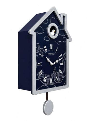 Image of CHRONIKLE Modern Stylish Non Ticking Silent Analog Hut Shape Wooden Cuckoo Wall Clock for Home, Living Room, Bedroom, Office, and Kitchen (Blue) (18 x 10 Inch : Weight - 2350 Grm)