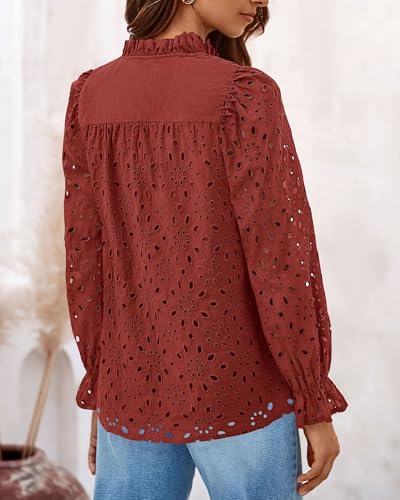 PRETTYGARDEN Women's Dressy Casual Blouse Tops Fall Spring Puff Long Sleeve Button V Neck Hollow Out Lace Embroidered Shirts2