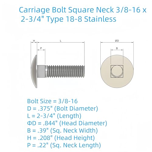 Image of (10pc) Carriage Bolt Square Neck 3 /8 inch-16 X 2-3 /4 inch Type 18-8 Stainless by SANTIE