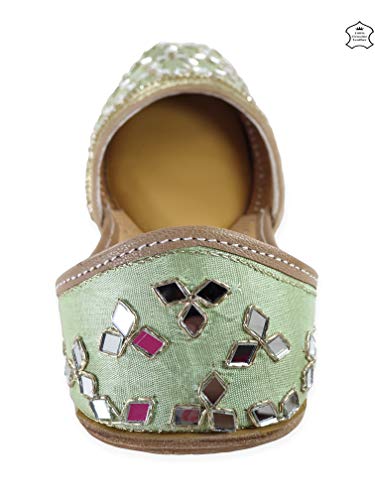 Image of Fulkari Women's Mirror Genuine Soft Leather Juttis | Bite and Pinch Free Jutis | Ladies Punjabi Jutti | Wedding Flat Stylish Mojari | Phulkari Ethnic Flats For Girls |