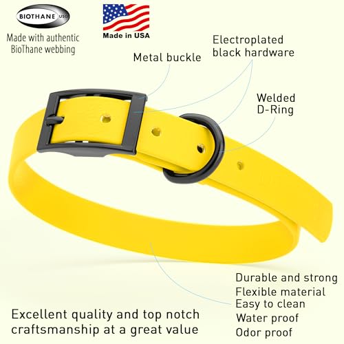 Image of Dogline Biothane Waterproof Dog Collar Strong Coated Nylon Webbing with Black Hardware Odor- Proof for Easy Care Easy to Clean High Performance Fits Small Medium or Large Dogs, Lemon Yellow