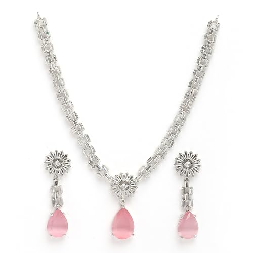 Image of ZENEME Rhodium Plated Brass Silver Toned Luxurious Sparkle Pink Necklace & Earring Jewellery Set For Women & Girls