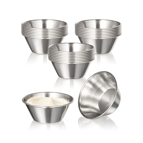 Fit Meal Prep [24 Pack 1.5 oz Stainless Steel Dipping Sauce Cups Reusable Metal Ramekins Commercial Grade Condiment Bowls Individual Portion Cups Small Round Au Jus Cup for Home Restaurant