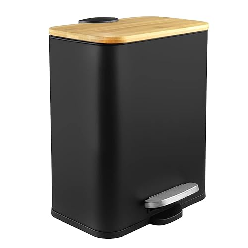 Cubo de basura pequeño con tapa de bambú cierre suave y pedal de pie cubo de basura rectangular de 13 gal5 litros con cesta de basura interior para