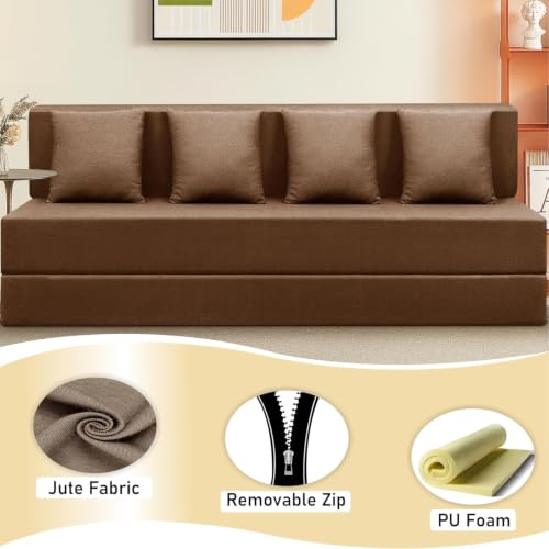 Image of 4 Seater Convertible Sofa Cum Bed (6x6 ft) with Cushions | Jute Fabric | Comfortable Sofa for Living Room & Guest Room - Brown Color
