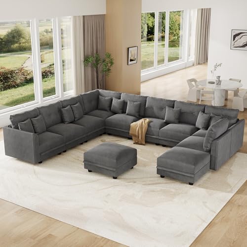 Image of LLappuil 11-Seat Modular Sectional Sofa with Storage, Oversized V-Shaped Corduroy Couch with 10 Throw Pillows, Pet-Friendly Convertible Pit Sofa for Large Living Room, Skin-Friendly, Grey
