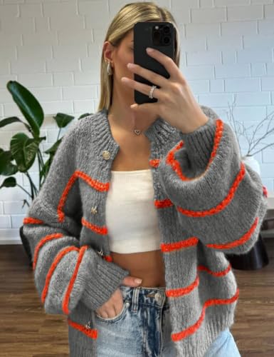 Image of QIBABU Womens Striped Cardigan Sweaters Casual Open Front Long Sleeve Button Down Knit Outwear