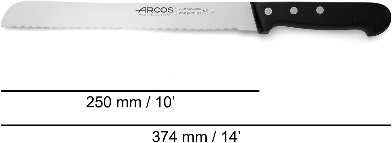 Arcos Bread Knife 10 Inch Nitrum Stainless Steel and 250 mm blade. Obtain a great variety of cuts for your food. Ideal knife for daily domestic use. Series Universal. Color Black.