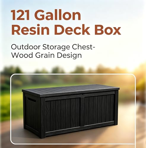 Image of 121 Gallon Resin Deck Box for Patio - Outdoor Storage Chest for Patio Furniture Cushions, Garden Tools, Pool Accessories - Lockable, Waterproof, All-Weather, Wood Grain Design, Easy Assembly