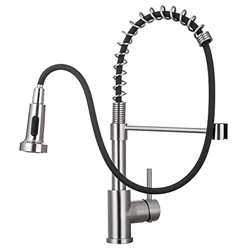 WEWE Kitchen Sink Faucet, Kitchen Faucets with Pull Down Sprayer Stainless Steel Single Handle Single Hole Brushed Nickel Commercial Industrial Spring Pull Out Laundry Farmhouse Kitchen Faucet