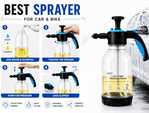 Image of KWEL 2 Litre Manual Foam Sprayer with 100 ml Car Wash Shampoo | Hand Pressure Pump Foamer for Car, Bike & Scooter Washing | Portable Vehicle Cleaning Kit for Home & Garage